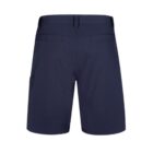 Navy blue shorts with pockets, viewed from the back, isolated on a white background.