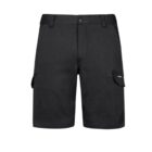 Black cargo shorts with side pockets and belt loops, shown against a white background.