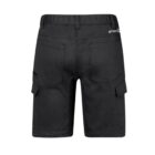 Black cargo shorts with back pockets and side cargo pockets.