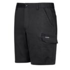 Black cargo shorts with side pocket and buttoned waist.