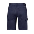 Navy blue utility shorts with rear pockets and cargo side pockets.