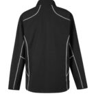 Back view of a black long-sleeve jacket with white stitching accents.