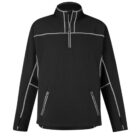 Black long-sleeve pullover with white stitching and a half-zip front.