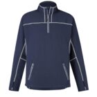 Navy blue quarter-zip pullover with white stitching and two zippered pockets.