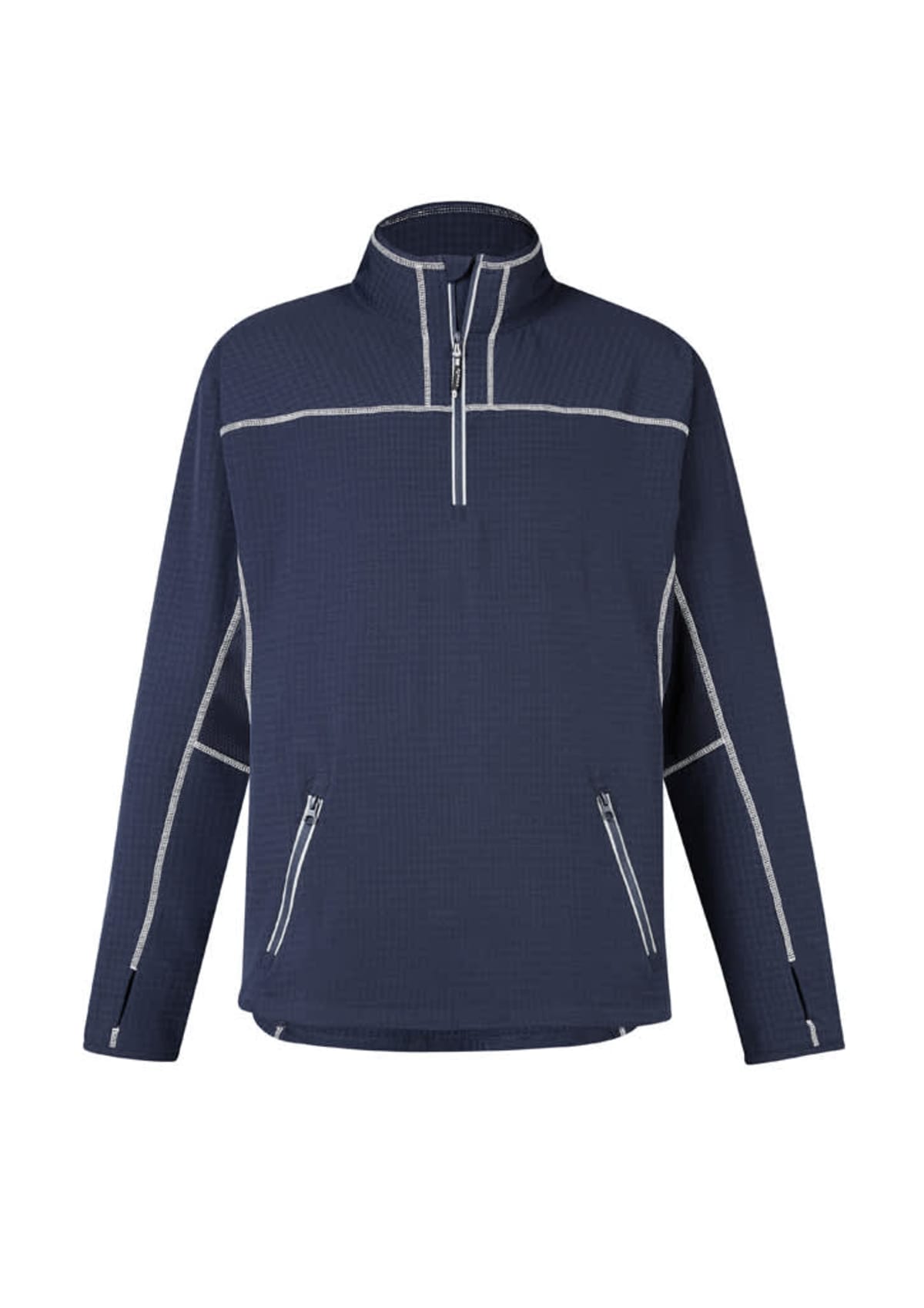 Navy blue quarter-zip pullover with white stitching and two zippered pockets.