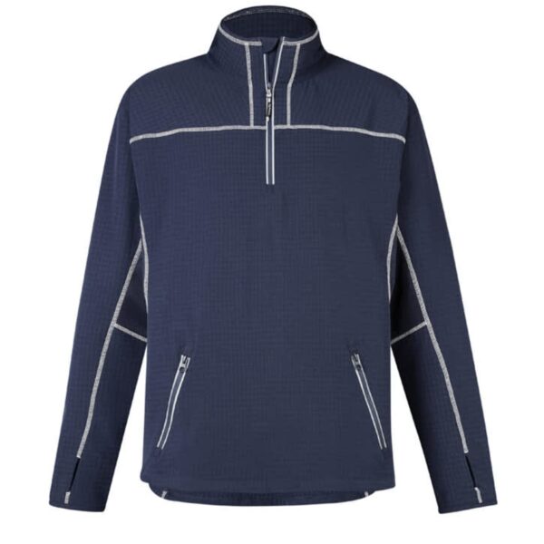 Dark blue long-sleeve pullover with white stitching and three zippered pockets.
