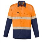 Orange and navy work shirt with reflective stripes and long sleeves.