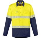Bright yellow and navy high-visibility work shirt with reflective stripes.