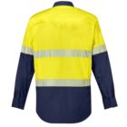 Safety shirt with yellow top, blue sleeves, and reflective bands on back.