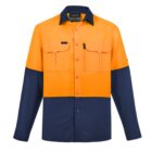 Long-sleeve shirt with orange top and dark blue bottom, featuring two chest pockets.