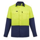Bright yellow and navy long-sleeve work shirt with buttoned pockets on a white background.