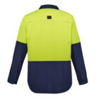 High-visibility long-sleeve shirt with neon yellow top and navy bottom.