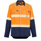 Orange and navy work shirt with reflective stripes on sleeves and chest.