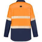 Orange and navy work shirt with reflective stripes, viewed from the back.