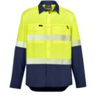 Bright yellow and navy work shirt with reflective stripes, front view.