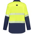 High-visibility yellow and navy long-sleeve work shirt with reflective stripes.