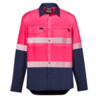 Pink and navy high-visibility work shirt with reflective stripes and pocket.