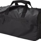 Black duffel bag with handles, front zipper pocket, and shoulder strap on white background.