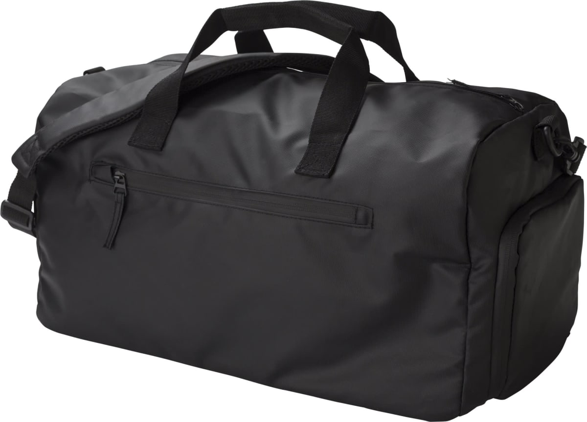 Black duffel bag with handles, front zipper pocket, and shoulder strap on white background.