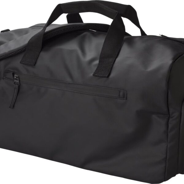 Black duffel bag with zipper pocket and handles on a white background.