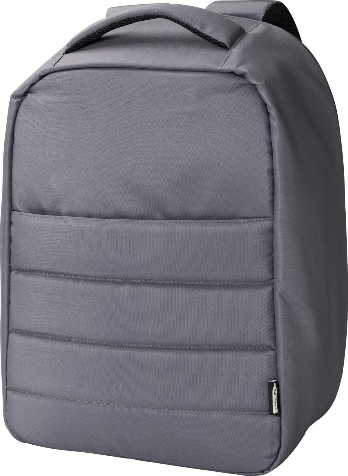 A gray, padded, rectangular insulated lunch bag with a handle on top.