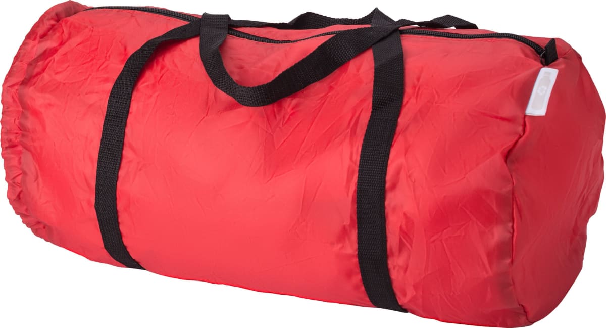 A red duffel bag with black handles and a zipper on top.
