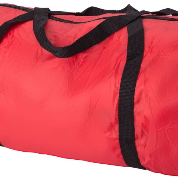 A red duffel bag with black handles and a zipper on top.
