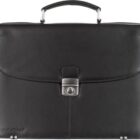 A black leather briefcase with a top handle and a front metal clasp.