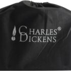 Black cloth bag with Charles Dickens logo and feather pen graphic in white text.