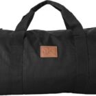 A black duffel bag with short handles and a brown patch on the front.
