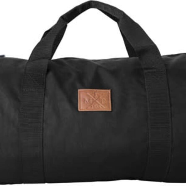 A black duffel bag with handles and a brown rectangular patch on the front.