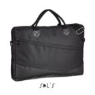 Black laptop bag with handles, a shoulder strap, and a front zipper pocket on white background.
