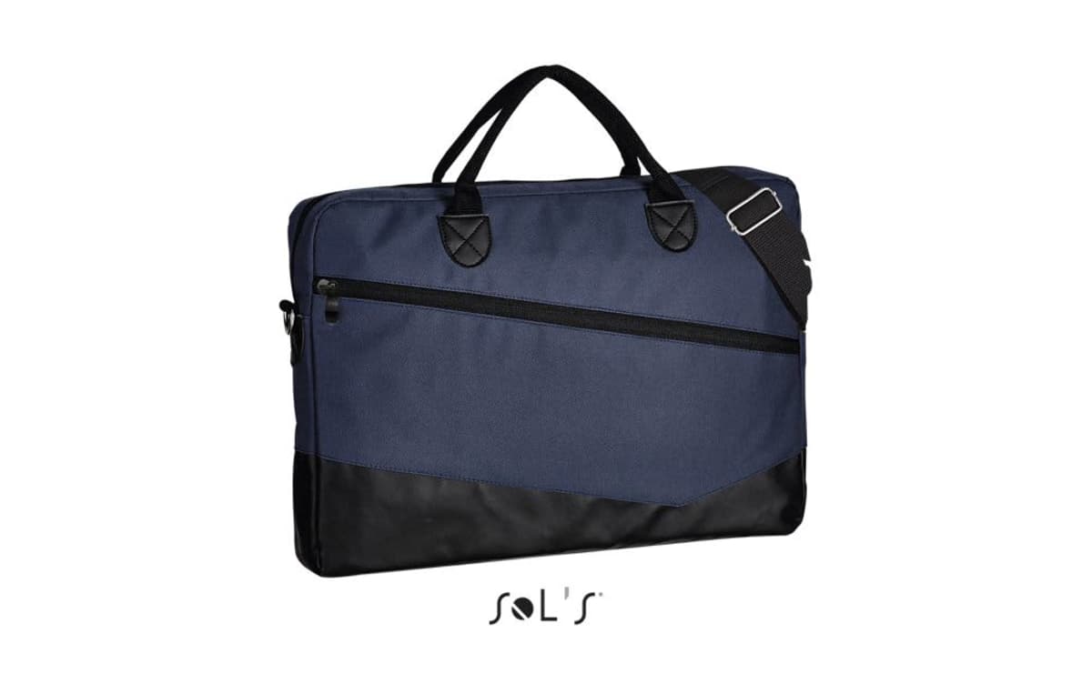 Navy and black laptop bag with handles and a shoulder strap, displayed on a white background.