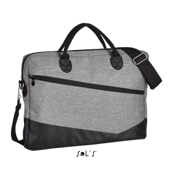 Gray and black shoulder bag with handles and a front zipper pocket on a white background.