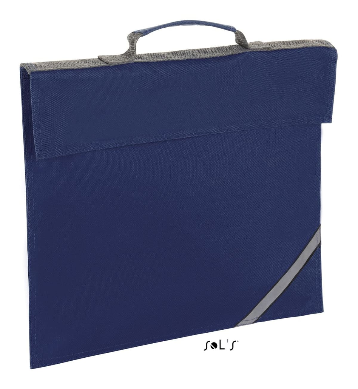 A blue fabric document bag with a handle and a gray diagonal stripe on the corner.