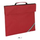 Red fabric document bag with a handle and a diagonal reflective stripe on the corner.
