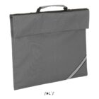 Gray fabric document bag with handle and diagonal reflective strip on bottom right corner.