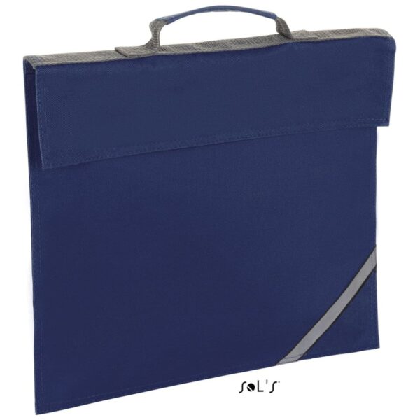 Navy blue fabric document bag with handle and diagonal gray accent strip.
