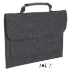 Dark gray felt laptop sleeve with handle and front pocket, displayed with the SOLS logo.