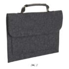 Dark gray felt laptop sleeve with handle and front pocket, shown on white background.