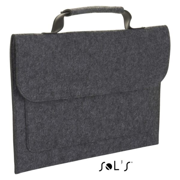 Dark gray felt laptop sleeve with a handle and front pocket, SOLS logo at the bottom right.