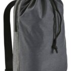 Gray drawstring backpack with a side zipper pocket and black shoulder straps on a white background.