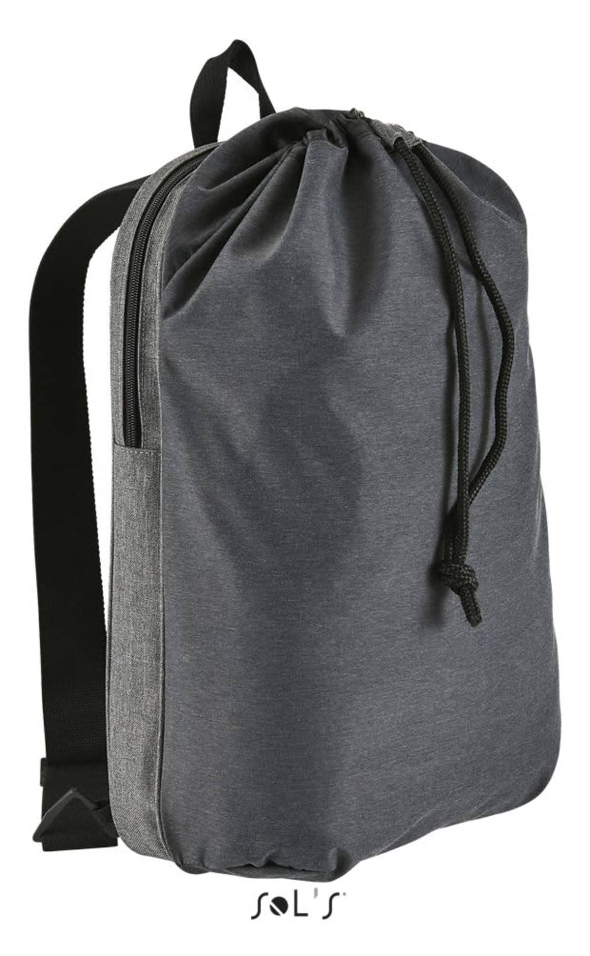 A gray drawstring backpack with black straps and a side pocket, shown on a white background.