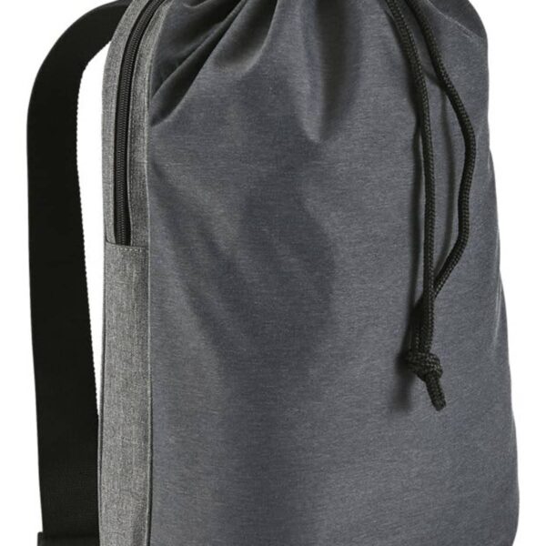 Dark gray drawstring backpack with black straps, side pocket, and top handle on white background.