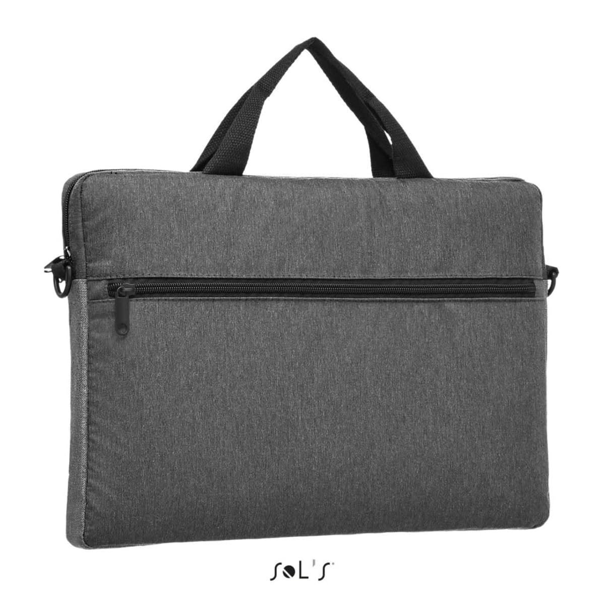 Gray laptop sleeve with a front zipper pocket and two black carrying handles.