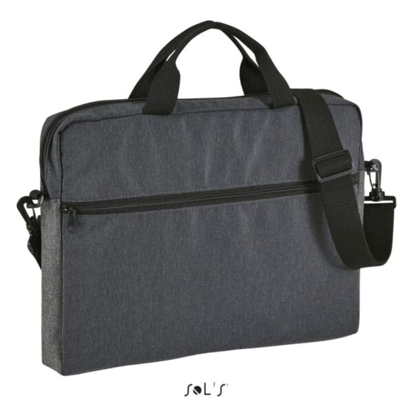 Dark gray laptop bag with black handles, a shoulder strap, and a front zipper pocket.