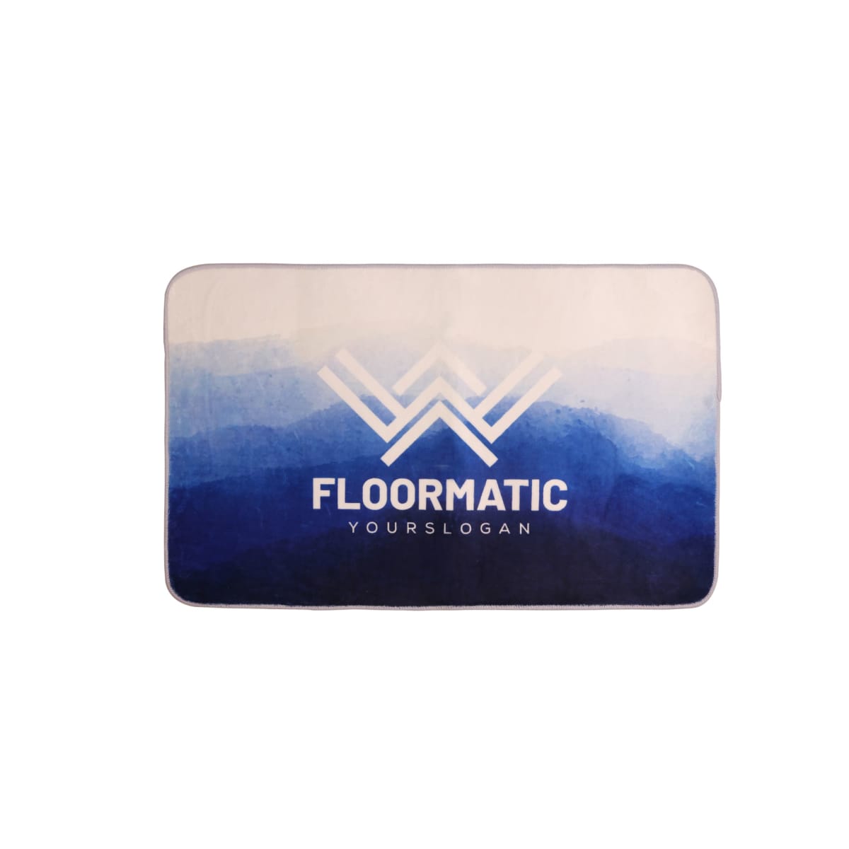 Rectangular mat with blue gradient, FLOORMATIC text, and geometric logo in white.
