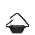 A black waist bag with an adjustable strap and side-release buckle, displayed on a white background.