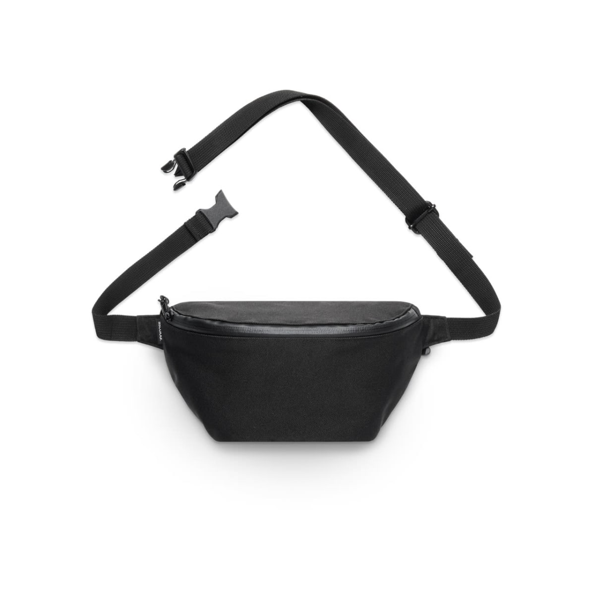 Black waist bag with adjustable strap and zipper, displayed on a white background.
