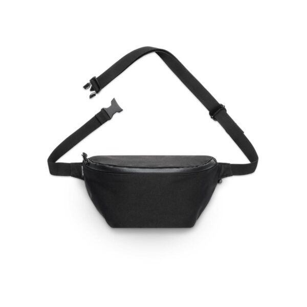 Black waist bag with adjustable strap and zipper, laid flat on a white background.